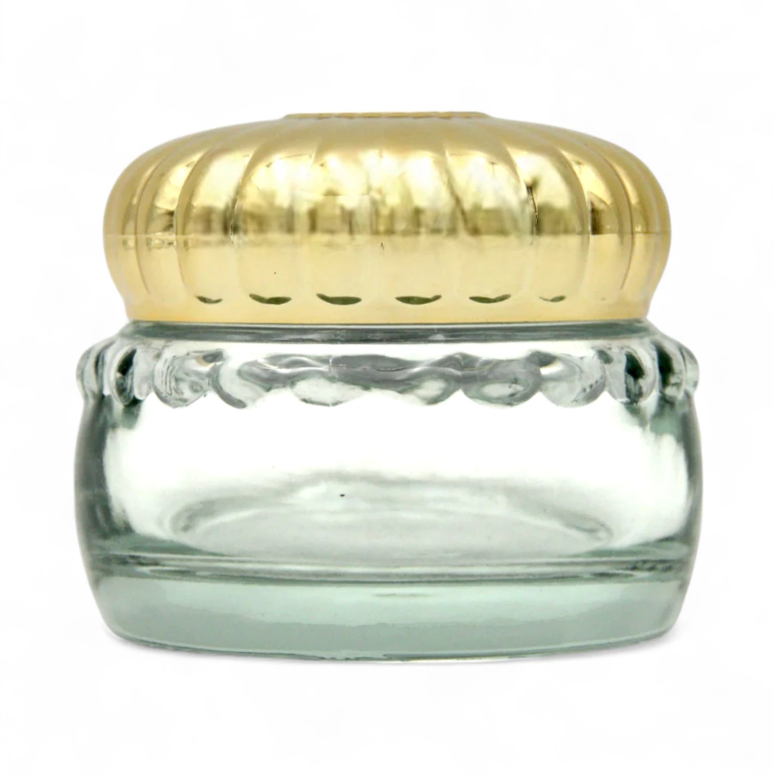 Clear, Glass, & Empty Bakhoor Storage Jar with Elegant Gold Lid 100 ML – Multi-Purpose Storage for Oud, Spices & More - Damoo