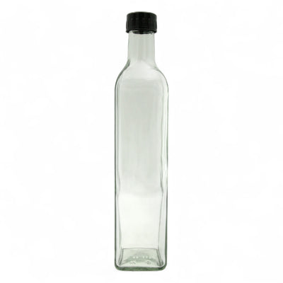 Clear Glass Square Bottle with Black Cap 500ML – Oil & Syrup Storage Bottle with Narrow Mouth | Ideal for Olive Oil, Flavored Syrups & Kitchen Use - Damoo