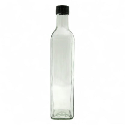 Clear Glass Square Bottle with Black Cap 500ML – Oil & Syrup Storage Bottle with Narrow Mouth | Ideal for Olive Oil, Flavored Syrups & Kitchen Use - Damoo