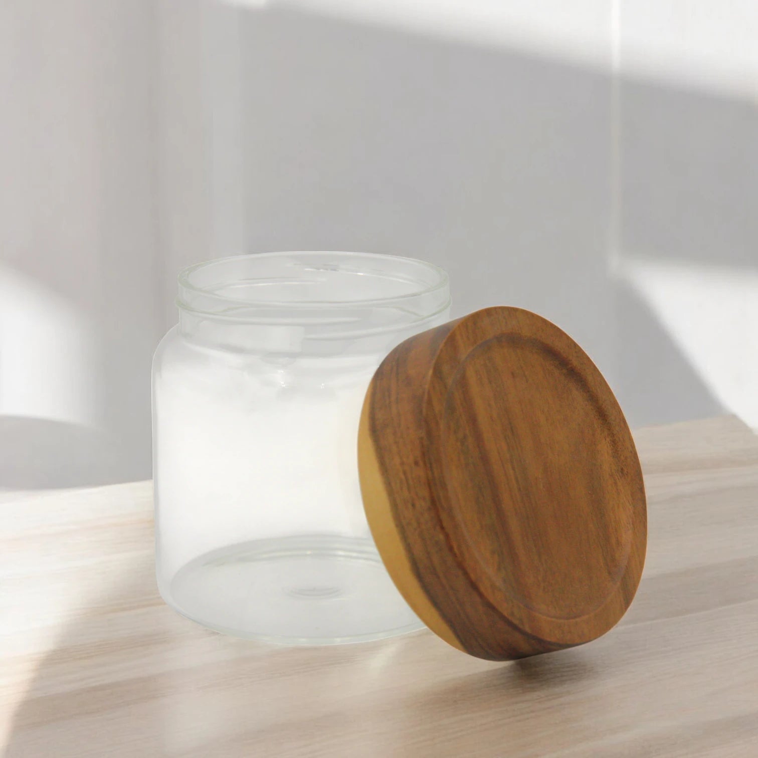 Clear Glass Storage Canister with Natural Wood Lid – Airtight Kitchen Jar for Pantry, Coffee, Tea, Spices & Home Organization - Damoo