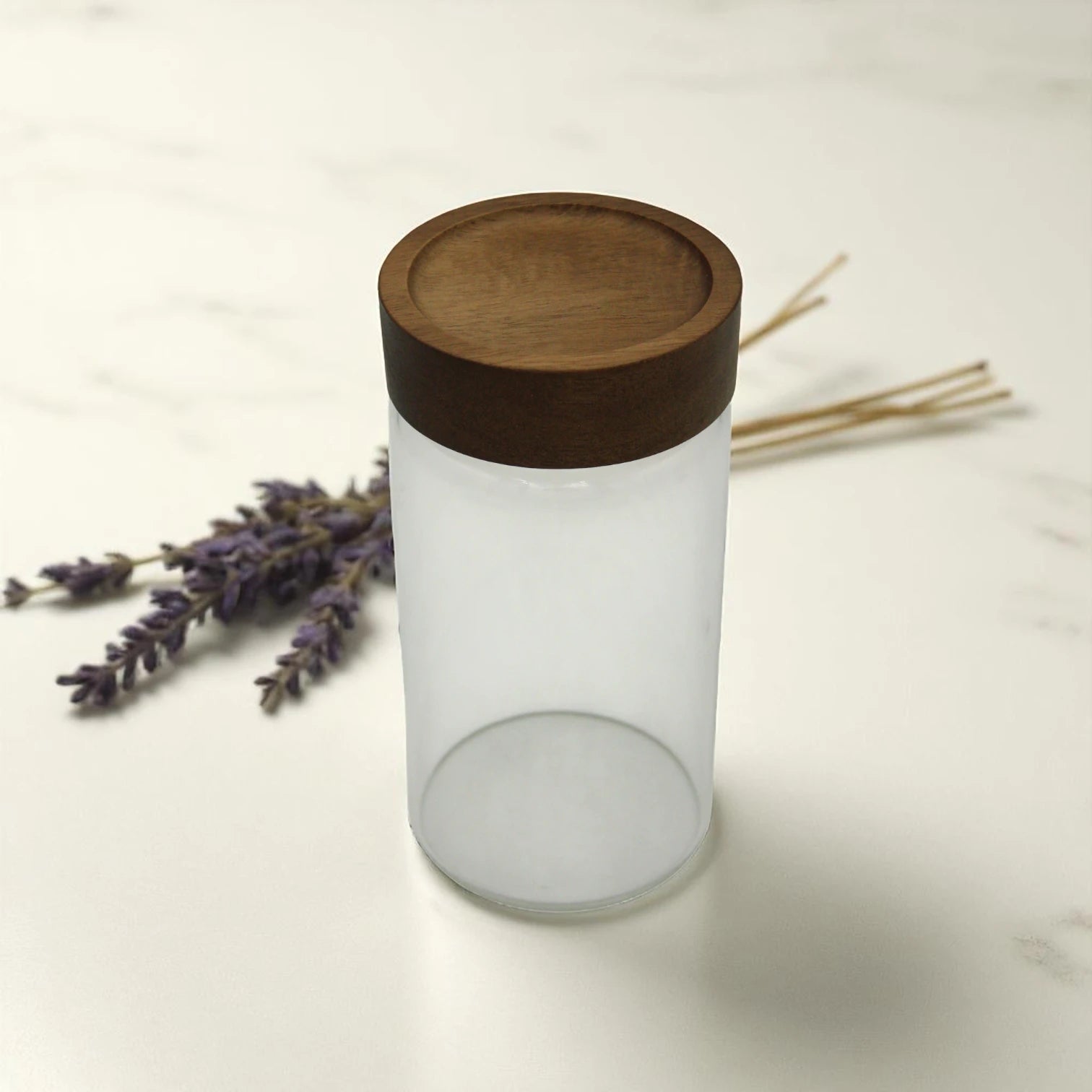 Clear Glass Storage Canister with Wooden-Style Lid – Multipurpose Storage Jar for Pantry, Snacks, Coffee, Cotton & More - Damoo