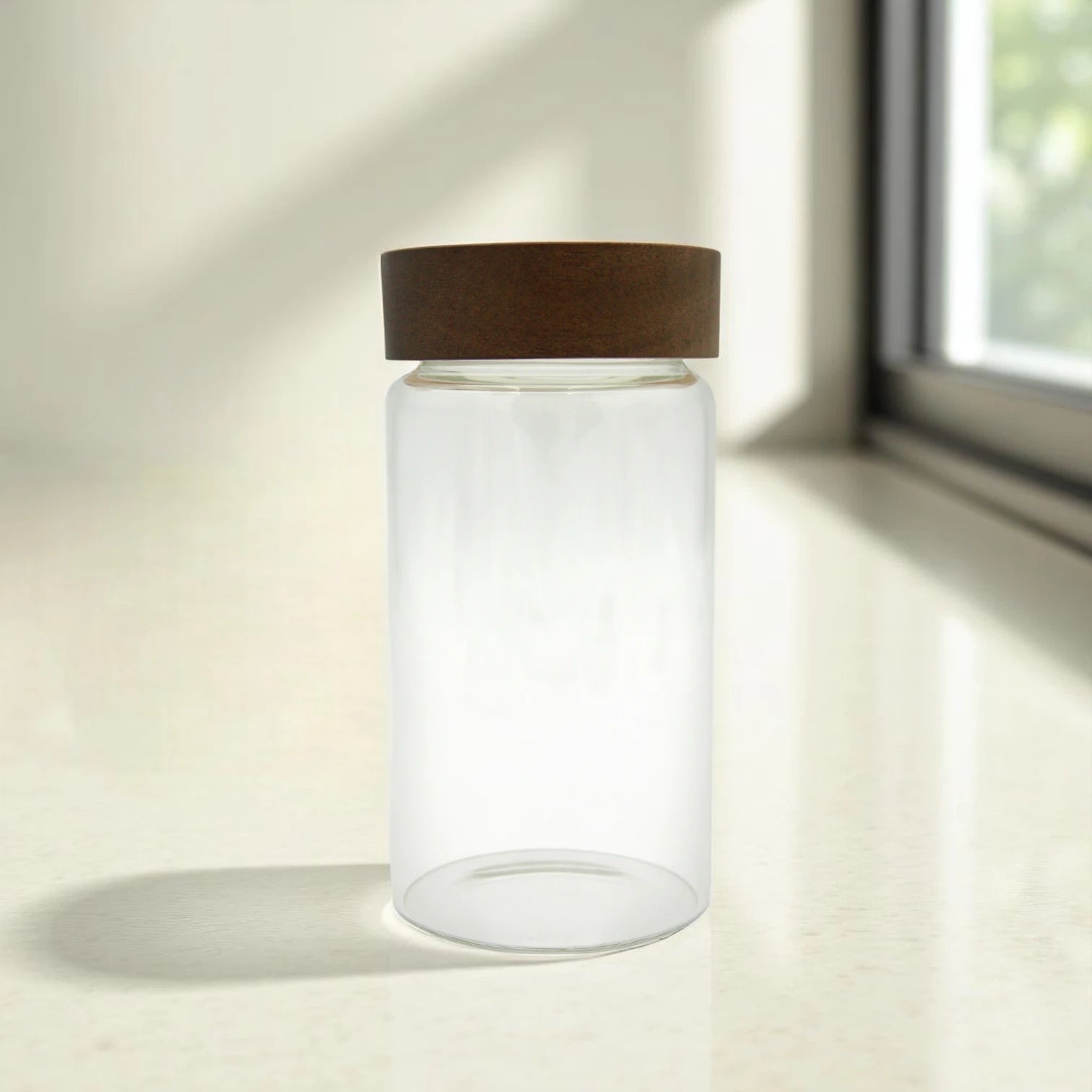 Clear Glass Storage Canister with Wooden-Style Lid – Multipurpose Storage Jar for Pantry, Snacks, Coffee, Cotton & More - Damoo