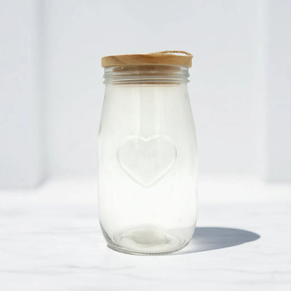 Clear Glass Storage Jar with Heart Emboss & Wooden Lid – 1400ML - Decorative Airtight Canister with Rope Handle | Ideal for Pantry, Bathroom, or Gift Packaging - Damoo