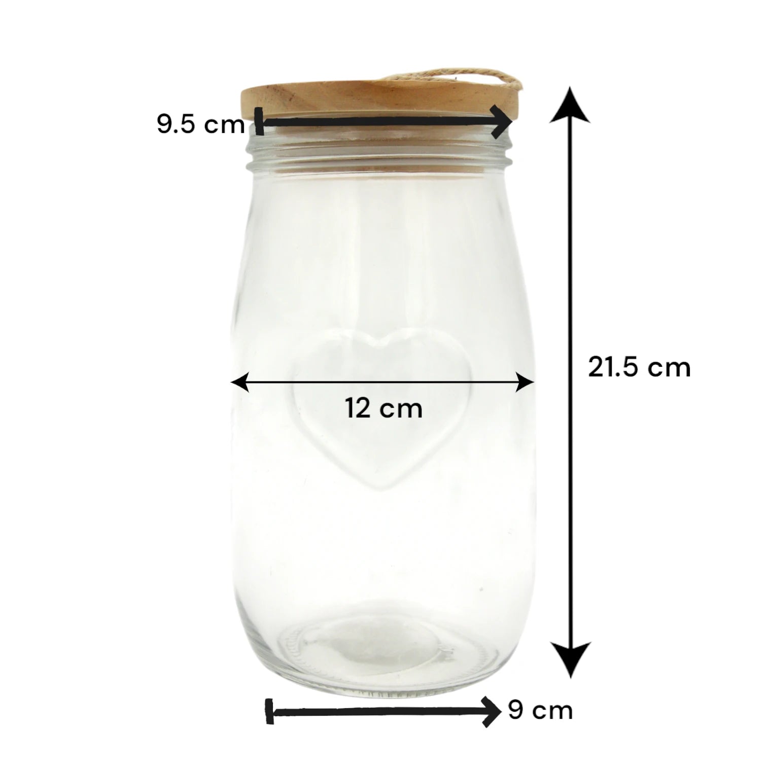 Clear Glass Storage Jar with Heart Emboss & Wooden Lid – 1400ML - Decorative Airtight Canister with Rope Handle | Ideal for Pantry, Bathroom, or Gift Packaging - Damoo