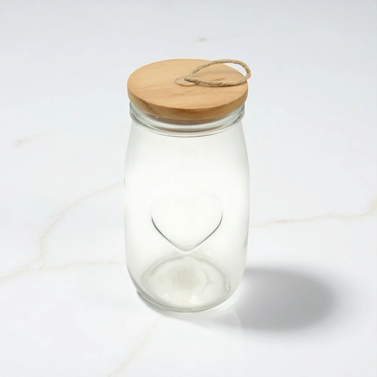 Clear Glass Storage Jar with Heart Emboss & Wooden Lid – 1400ML - Decorative Airtight Canister with Rope Handle | Ideal for Pantry, Bathroom, or Gift Packaging - Damoo