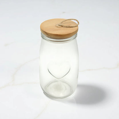 Clear Glass Storage Jar with Heart Emboss & Wooden Lid – 1400ML - Decorative Airtight Canister with Rope Handle | Ideal for Pantry, Bathroom, or Gift Packaging - Damoo
