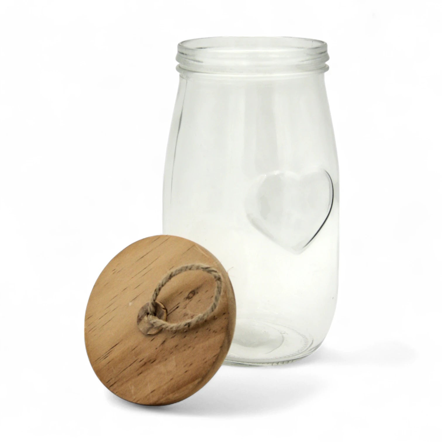 Clear Glass Storage Jar with Heart Emboss & Wooden Lid – 1400ML - Decorative Airtight Canister with Rope Handle | Ideal for Pantry, Bathroom, or Gift Packaging - Damoo