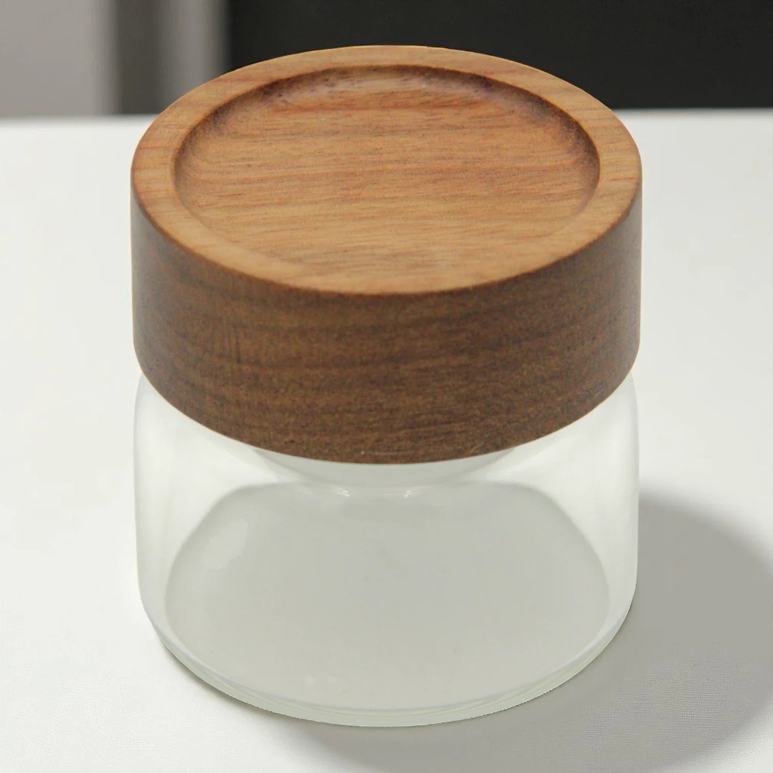 Clear Glass Storage Jar with Natural Wooden Lid – Airtight Kitchen Container for Spices, Herbs, Tea & More - Damoo