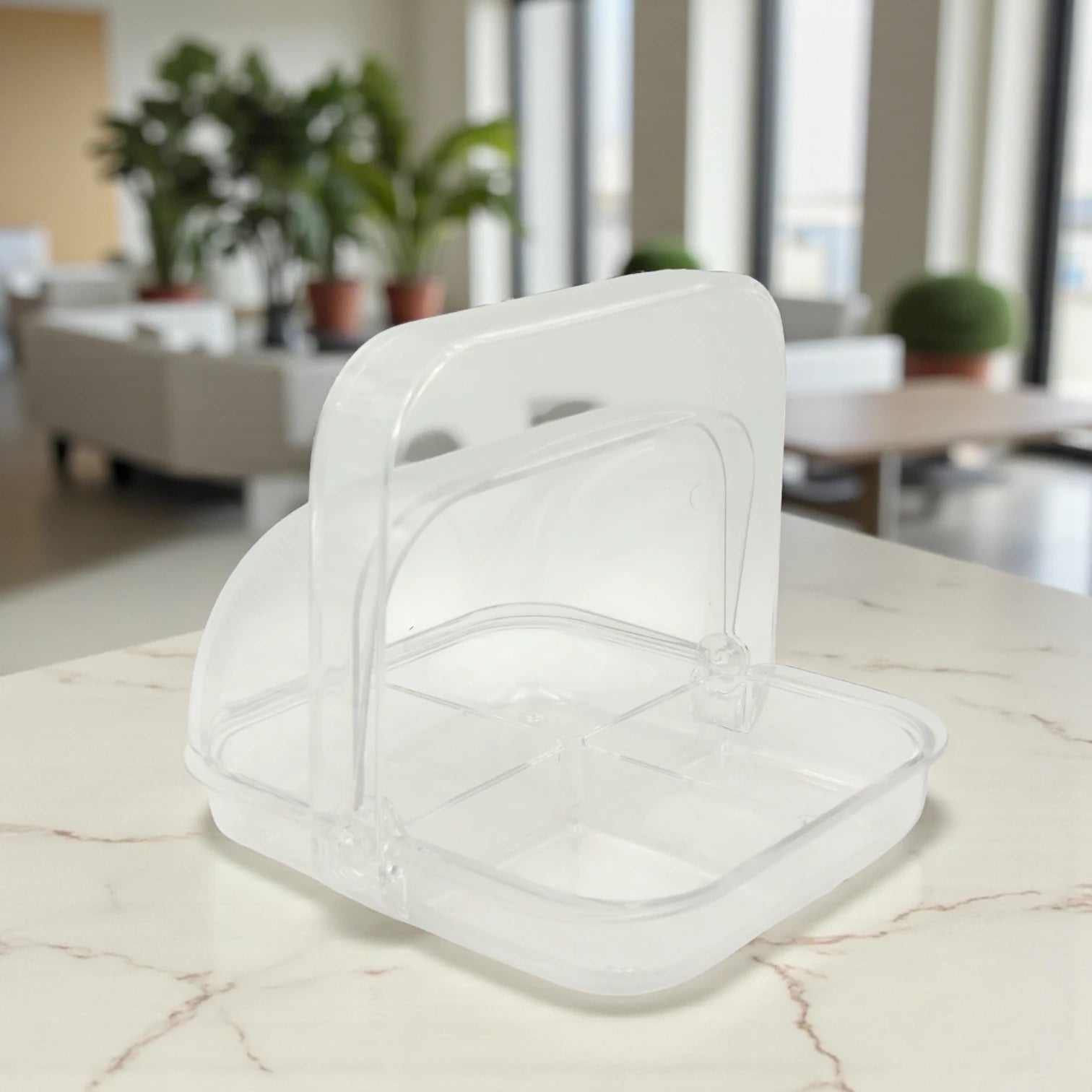 Clear Rotating Snack Box with Dome Cover & 4 Compartments – Transparent Acrylic Storage Box with Swivel Lid – Ideal for Serving Nuts, Dates, Sweets & Snacks - Damoo