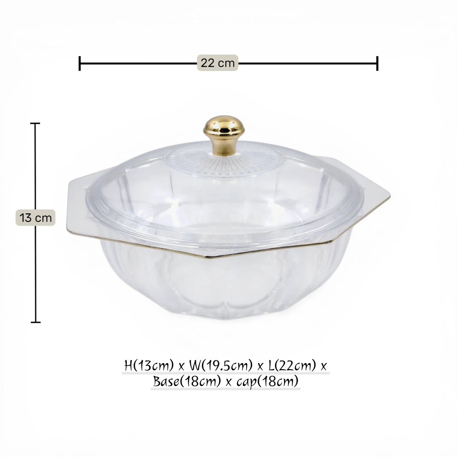 Multi-Purpose Acrylic Serving Bowl with Lid Gold Knob Decorative Table Bowl for Sweets Nuts & Snacks (H(13cm) x W(19.5cm) x L(22cm) x Base(18cm) x cap(18cm)) - Damoo