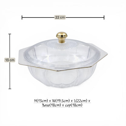 Multi-Purpose Acrylic Serving Bowl with Lid Gold Knob Decorative Table Bowl for Sweets Nuts & Snacks (H(13cm) x W(19.5cm) x L(22cm) x Base(18cm) x cap(18cm)) - Damoo