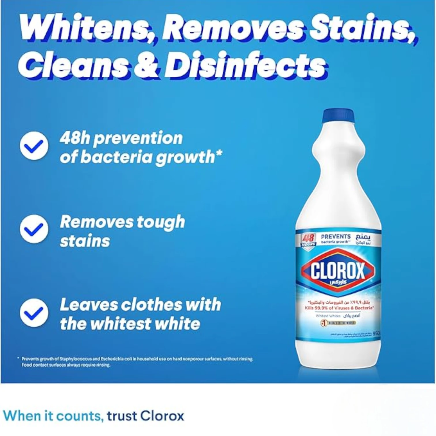Clorox Liquid Bleach 950ml | Multi-Surface Disinfectant & Stain Remover | Kills 99.9% of Viruses & Bacteria | Whitens Clothes | Prevents Bacterial Growth for 48 Hours - Damoo