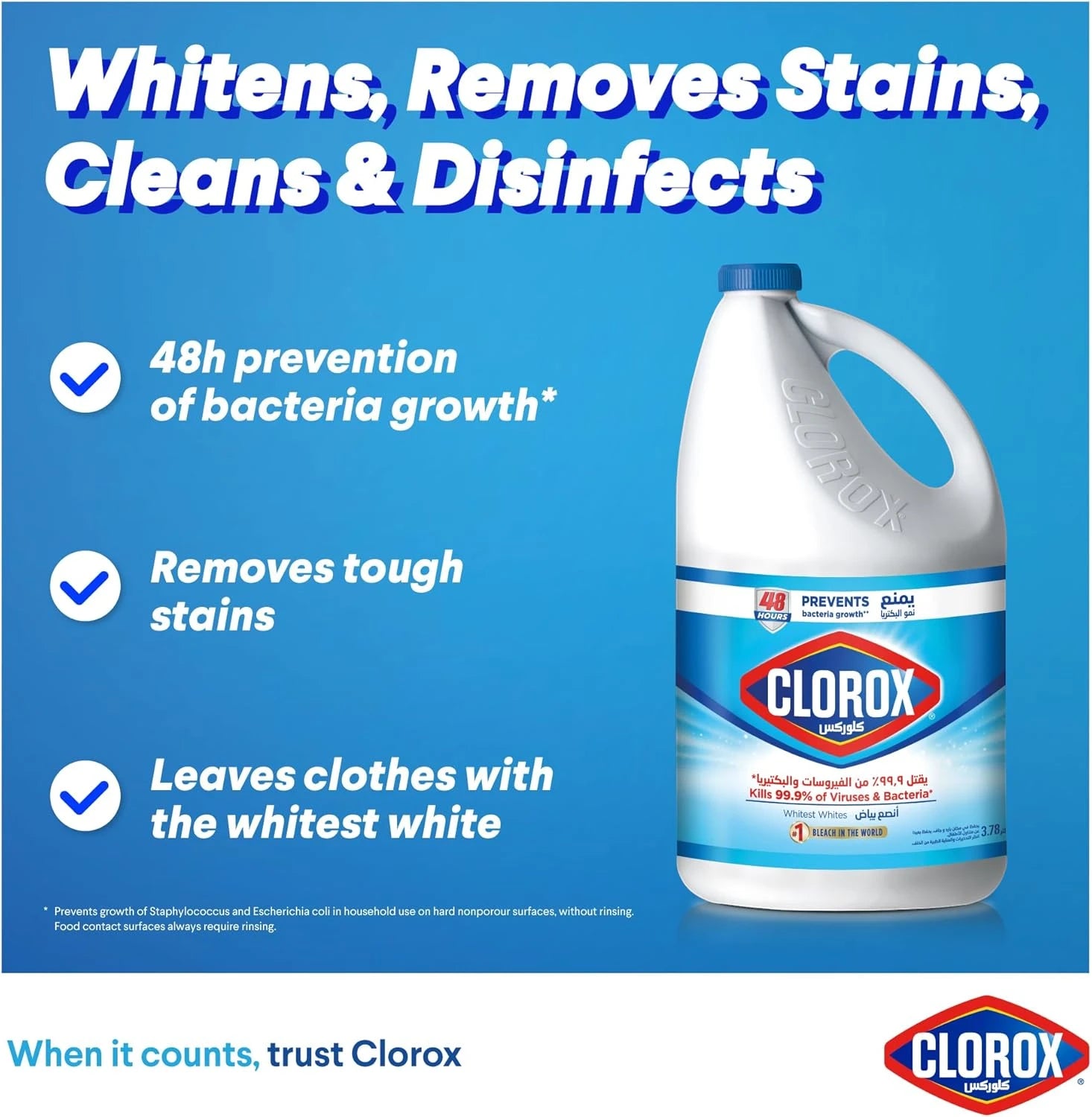 Clorox Liquid Bleach Original – 2 x 3.78L | Disinfects, Whitens & Removes Stains | Kills 99.9% of Germs | Multi-Surface Use - Damoo