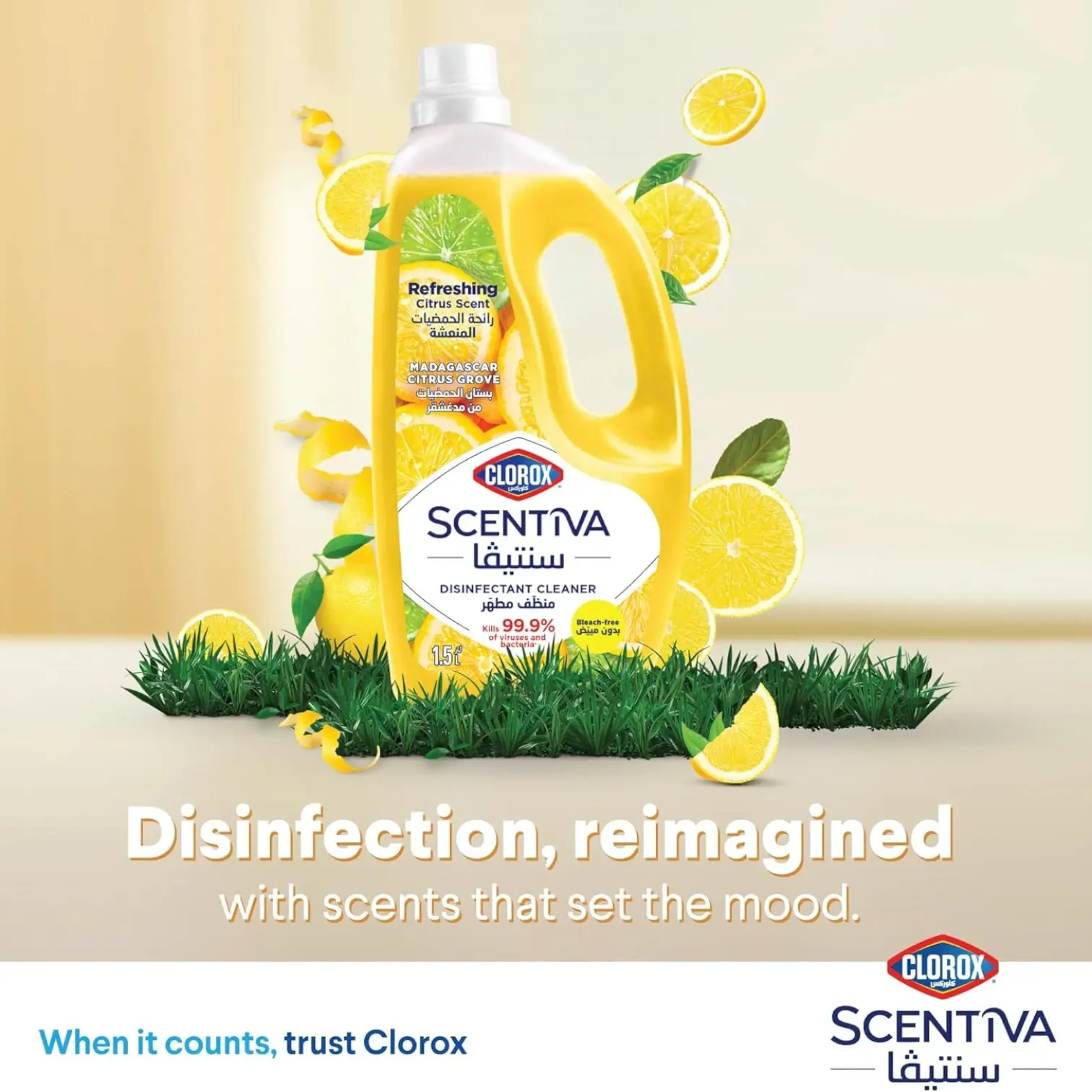 Clorox Scentiva Disinfectant Floor Cleaner – Madagascar Citrus Grove, 1.5L – Bleach-Free, Kills 99.9% of Viruses & Bacteria - Damoo