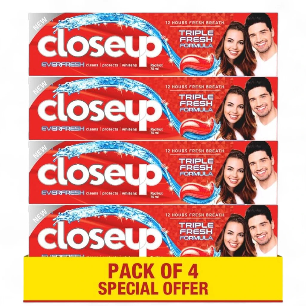 Closeup Triple Fresh Gel Toothpaste Red Hot Flavor 75ml x 4 Pack – 12-Hour Fresh Breath with Antibacterial Mouthwash & Microshine Crystals - Damoo
