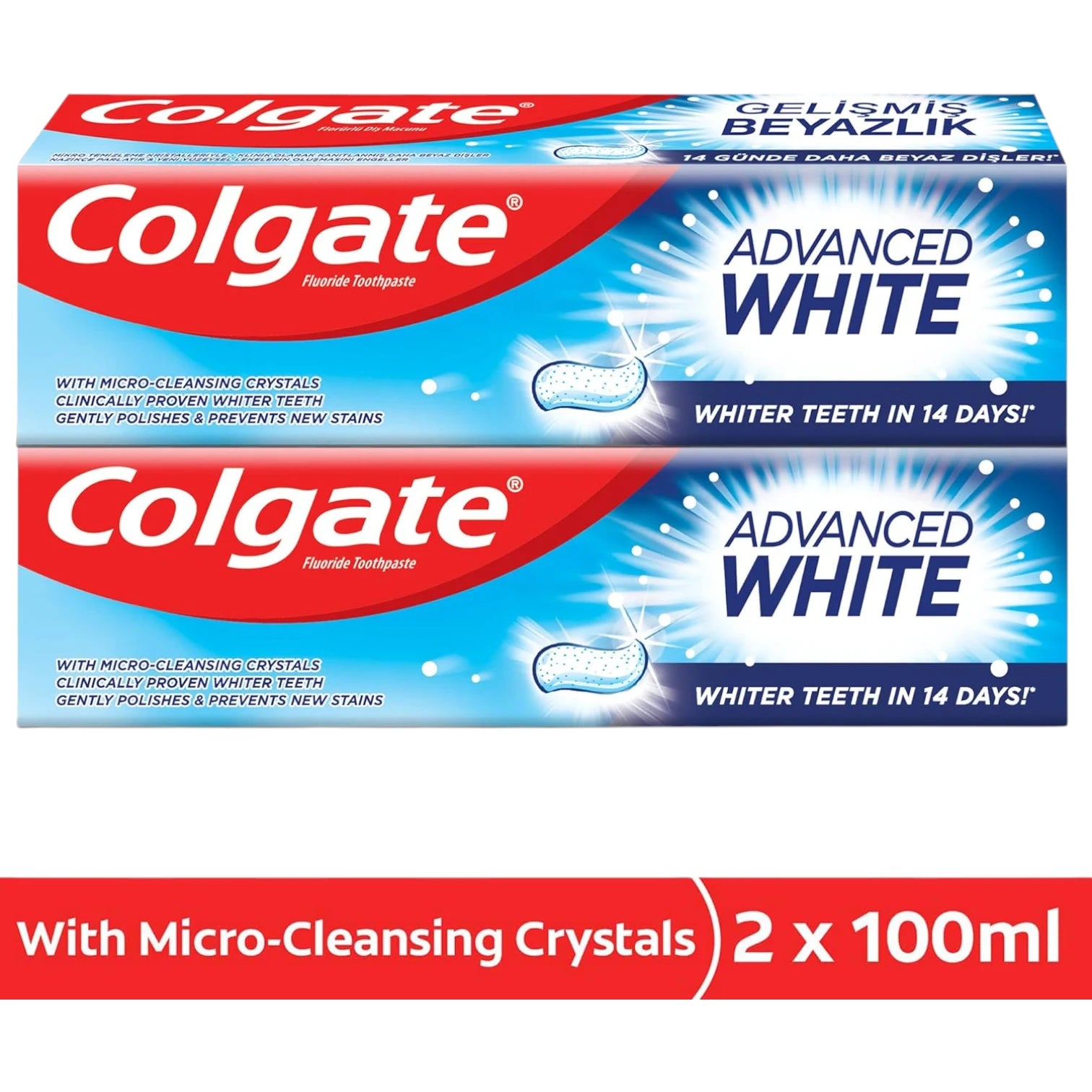Colgate Advanced White Toothpaste 2 Pcs Pack – 100ml | Micro-Cleansing Crystals for Whiter Teeth in 14 Days | Cavity Protection & Long-Lasting Fresh Breath - Damoo