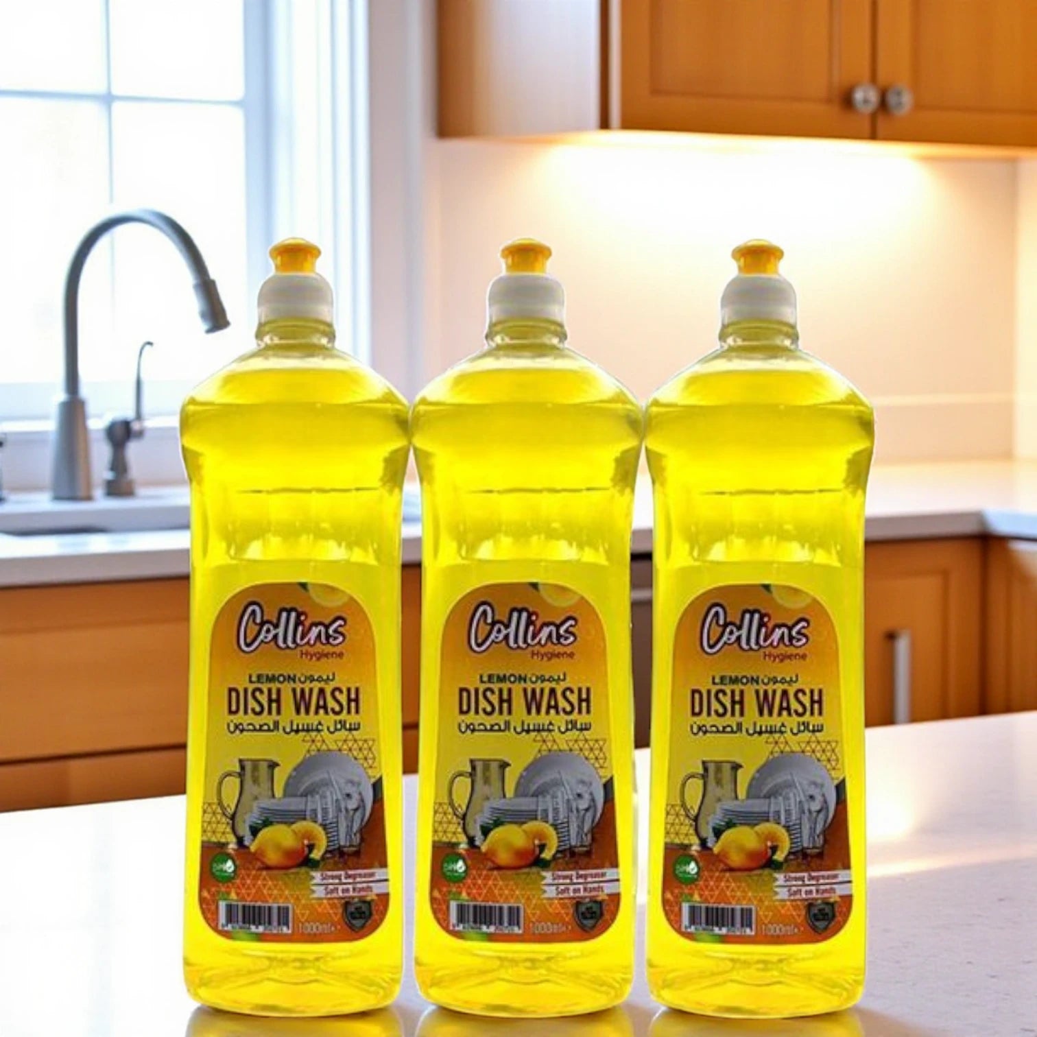 Collins Lemon Dishwashing Liquid – 3 Pack (1000ml Each) | Strong Degreaser, Soft on Hands | Lemon Scented Dish Wash - Damoo