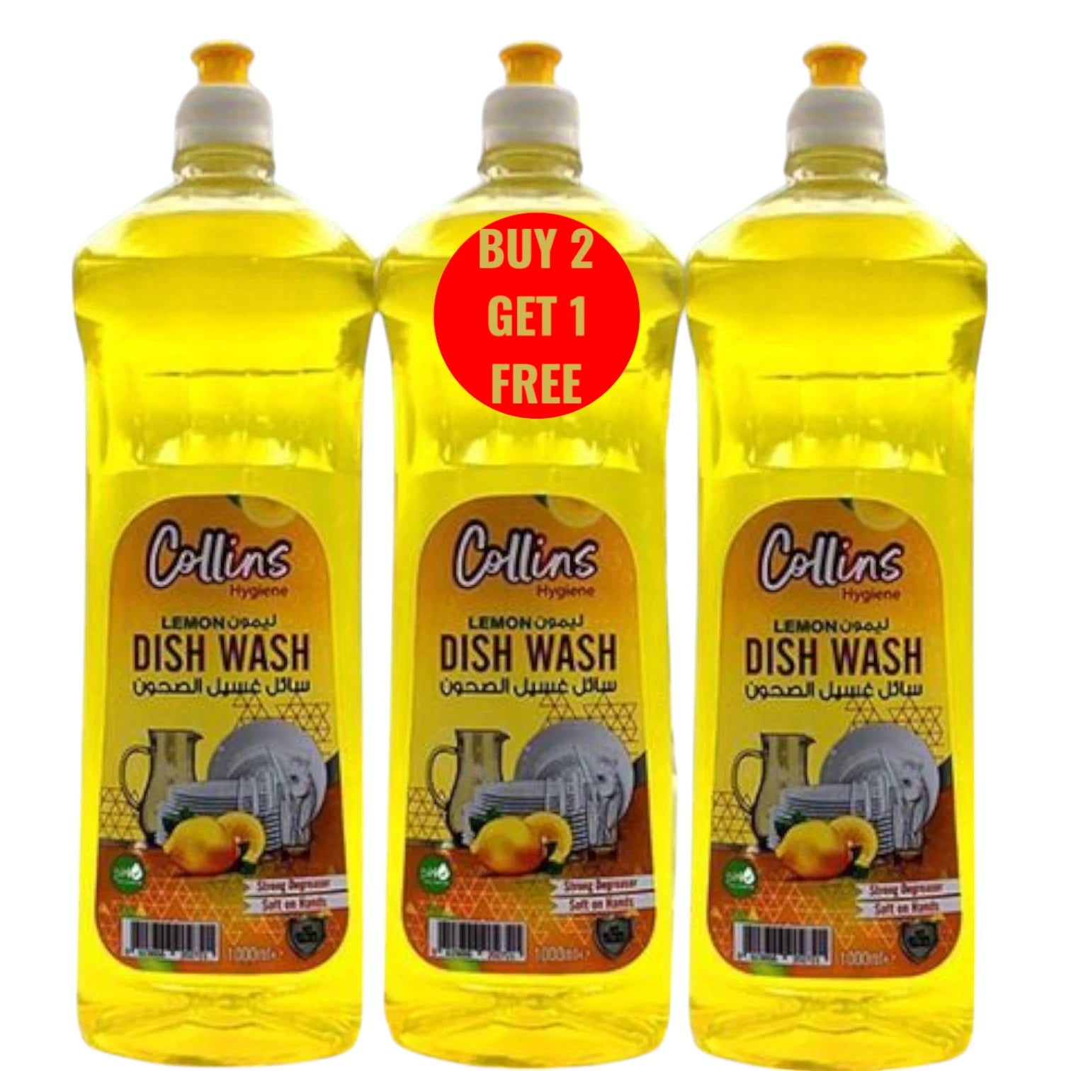Collins Lemon Dishwashing Liquid – 3 Pack (1000ml Each) | Strong Degreaser, Soft on Hands | Lemon Scented Dish Wash - Damoo