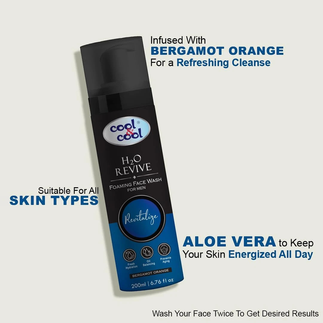 Cool & Cool H2O Revive Foaming Face Wash for Men – 200ML | Oil Control, Hydrating & Anti-Aging Cleanser with Bergamot Orange - Damoo
