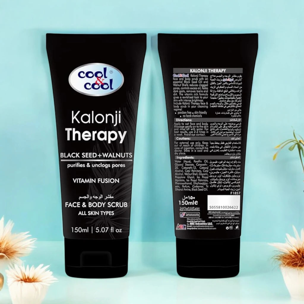 Cool & Cool Kalonji Therapy Face & Body Scrub 150ml – Exfoliating Scrub with Black Seed Oil & Walnut Shells | Deep Cleansing & Brightening for All Skin Types - Damoo