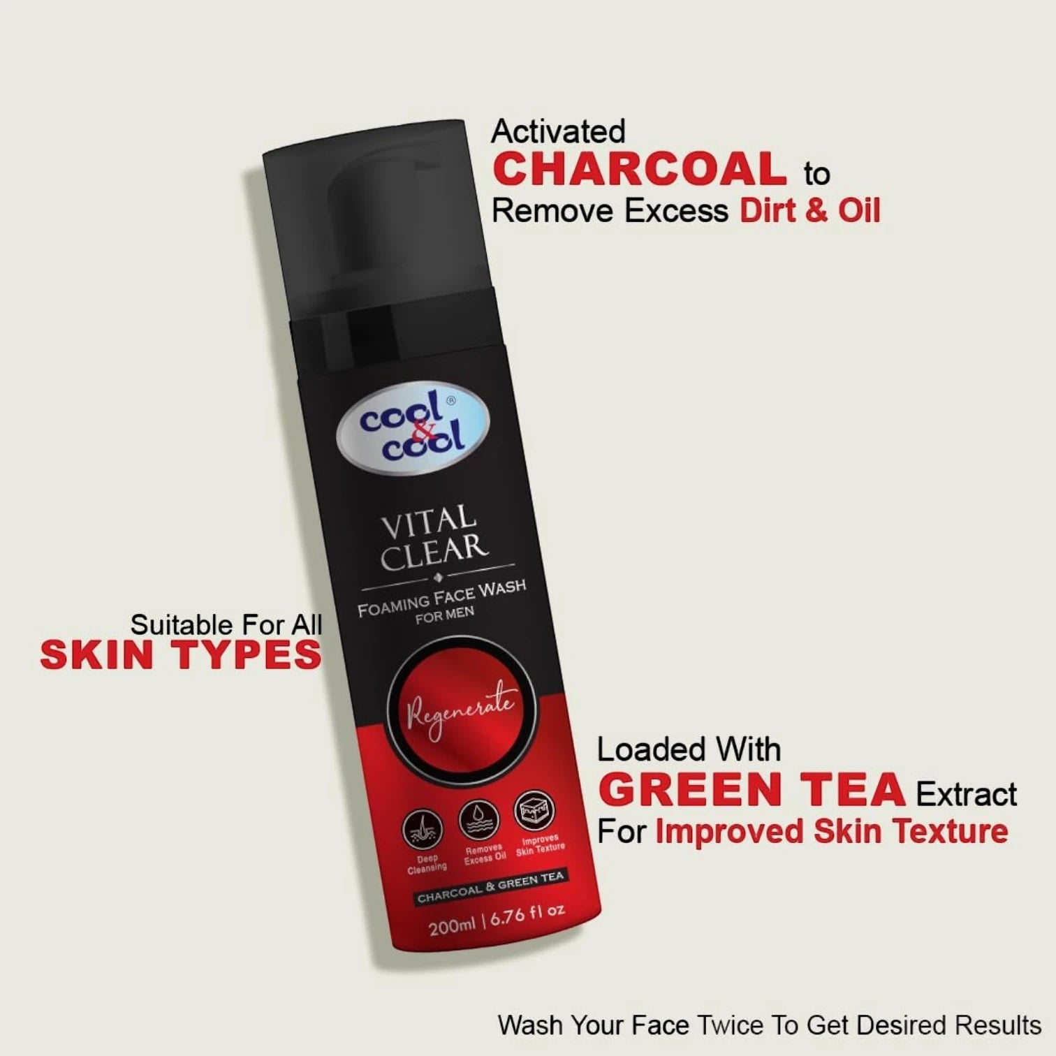 Cool & Cool Vital Clear Foaming Face Wash for Men 200ml – Deep Cleansing with Charcoal & Green Tea | Oil Control & Skin Texture Renewal - Damoo