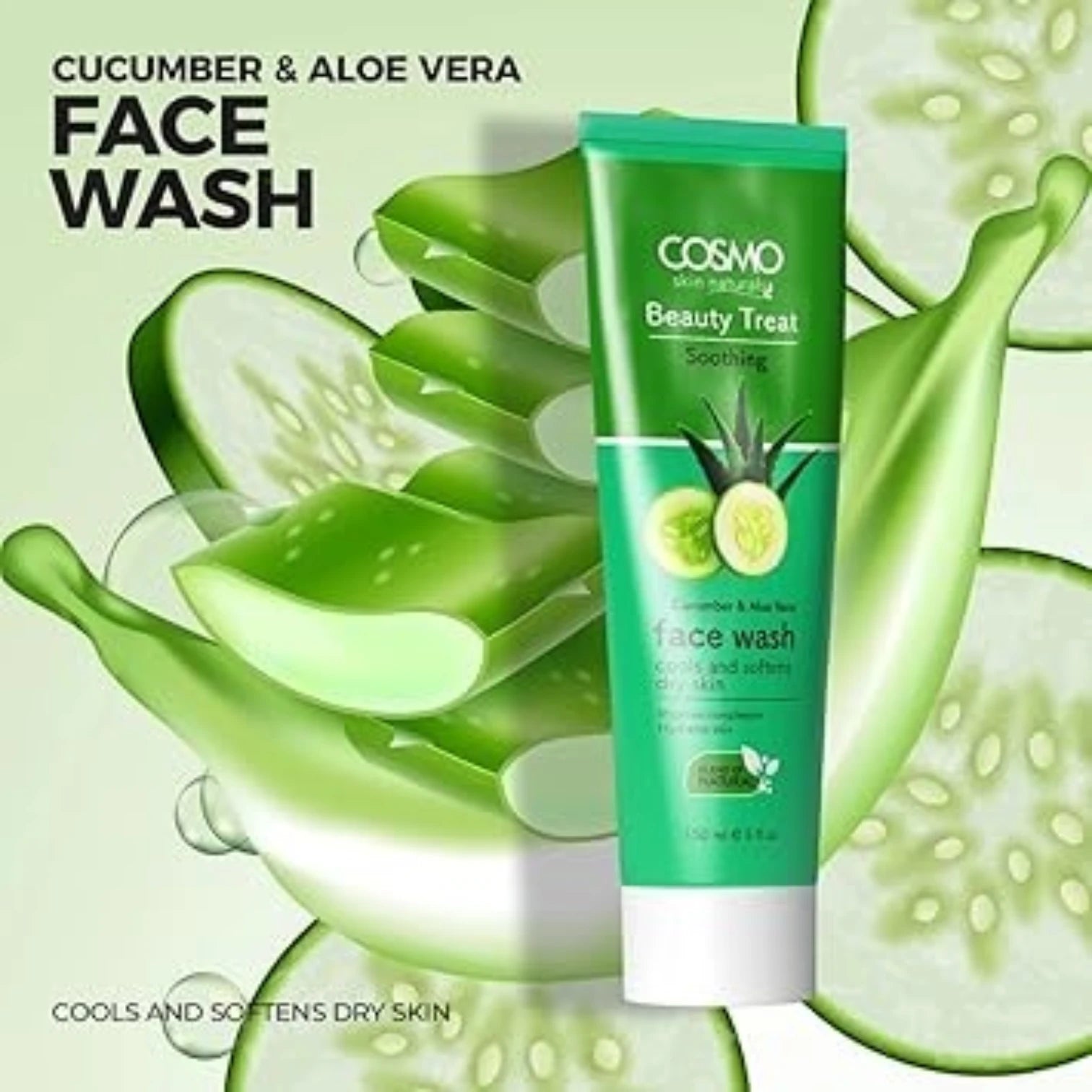 COSMO DESIGNS Cucumber & Aloe Vera Face Wash – 150ml | Soothing Daily Cleanser for Dry Skin | Hydrates, Softens & Brightens Complexion | Gentle for All Skin Types - Damoo