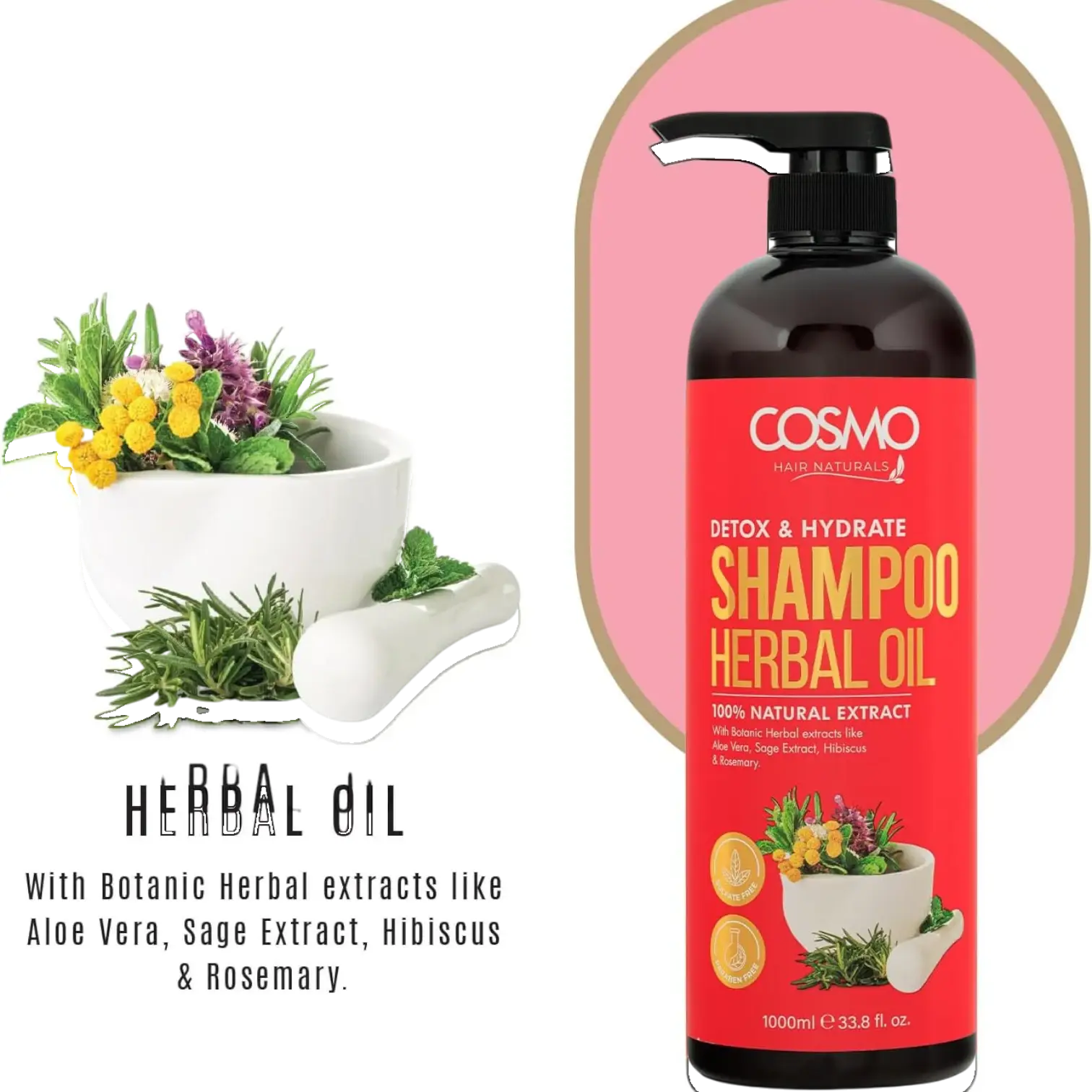 COSMO DESIGNS Herbal Oil Detox & Hydrate Shampoo 1000ml – Tea Tree, Lavender & Rosemary | Sulfate-Free, Paraben-Free, 100% Natural Extracts | Daily Rejuvenating Cleanse for Men & Women - Damoo
