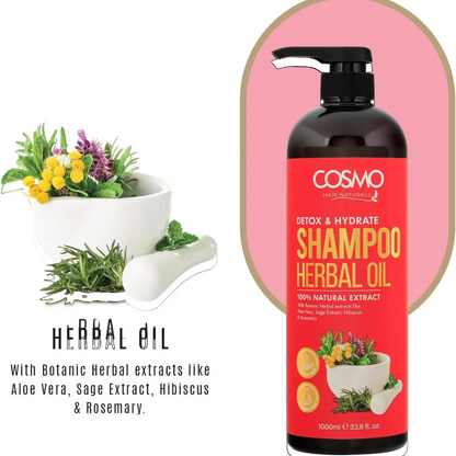 COSMO DESIGNS Herbal Oil Detox & Hydrate Shampoo 1000ml – Tea Tree, Lavender & Rosemary | Sulfate-Free, Paraben-Free, 100% Natural Extracts | Daily Rejuvenating Cleanse for Men & Women - Damoo