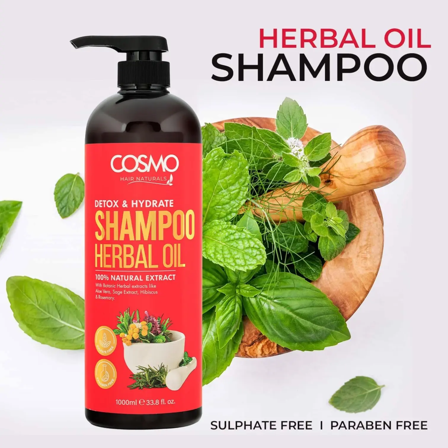 COSMO DESIGNS Herbal Oil Detox & Hydrate Shampoo 1000ml – Tea Tree, Lavender & Rosemary | Sulfate-Free, Paraben-Free, 100% Natural Extracts | Daily Rejuvenating Cleanse for Men & Women - Damoo