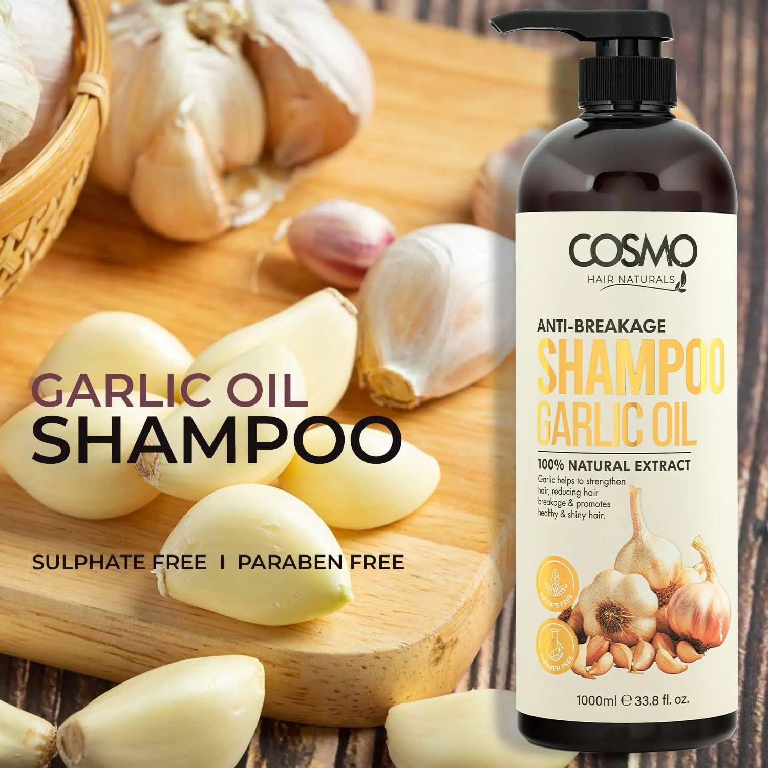 COSMO Garlic Oil Shampoo 1000ml – Anti-Hair Fall Treatment with Biotin & Amla | Sulfate-Free, Paraben-Free, Natural Formula | Daily Hair Strengthening for Men & Women - Damoo