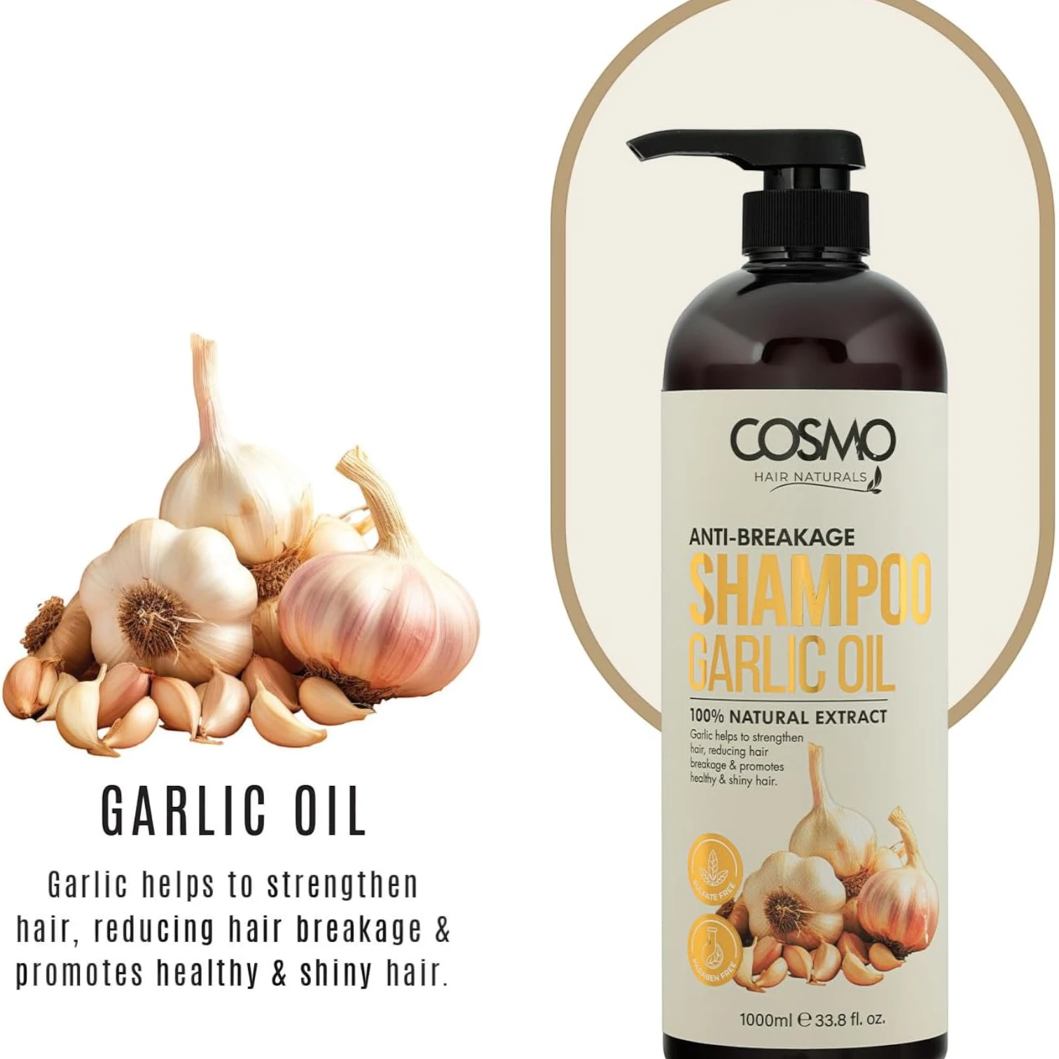 COSMO Garlic Oil Shampoo 1000ml – Anti-Hair Fall Treatment with Biotin & Amla | Sulfate-Free, Paraben-Free, Natural Formula | Daily Hair Strengthening for Men & Women - Damoo