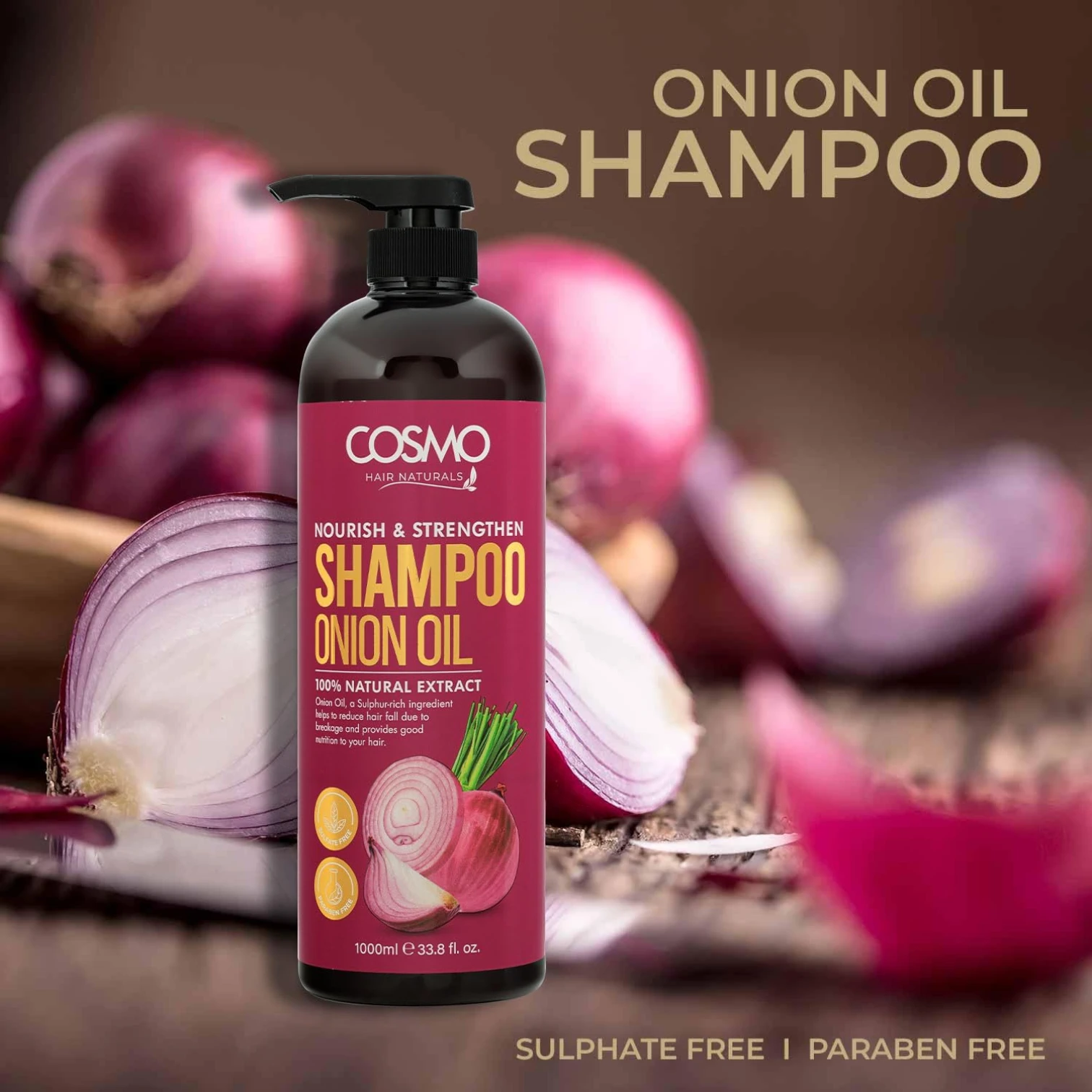 COSMO Onion Oil Shampoo 1000ml – Nourish & Strengthen with Amla | Sulfate-Free, Paraben-Free, 100% Natural Extracts | Daily Use for Men & Women - Damoo