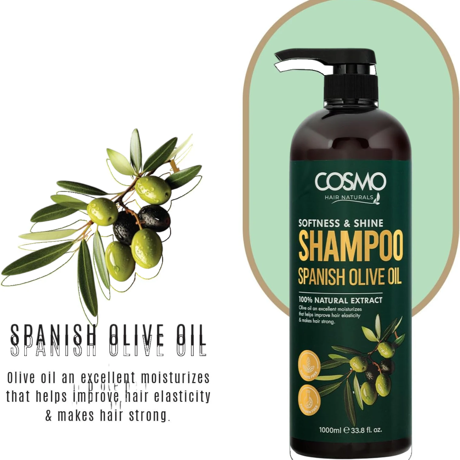 COSMO Spanish Olive Oil Shampoo 1000ml – Softness & Shine Formula | Paraben-Free, Sulfate-Free, Natural Extracts | Deep Moisture & UV Protection for All Hair Types - Damoo