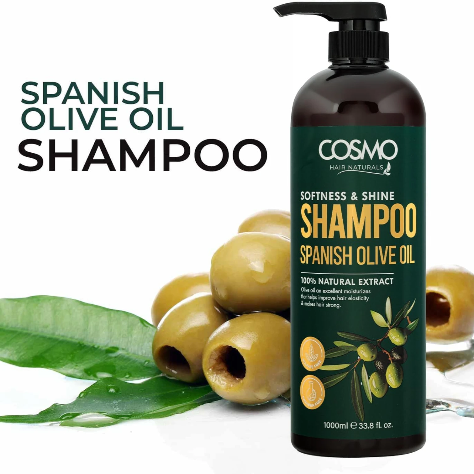 COSMO Spanish Olive Oil Shampoo 1000ml – Softness & Shine Formula | Paraben-Free, Sulfate-Free, Natural Extracts | Deep Moisture & UV Protection for All Hair Types - Damoo