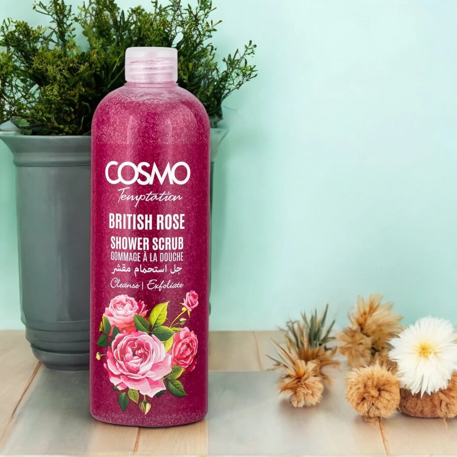 COSMO Temptation British Rose Shower Scrub – Exfoliating & Moisturizing Body Wash with Rose Extract for Soft, Radiant Skin, 1000ml - Damoo