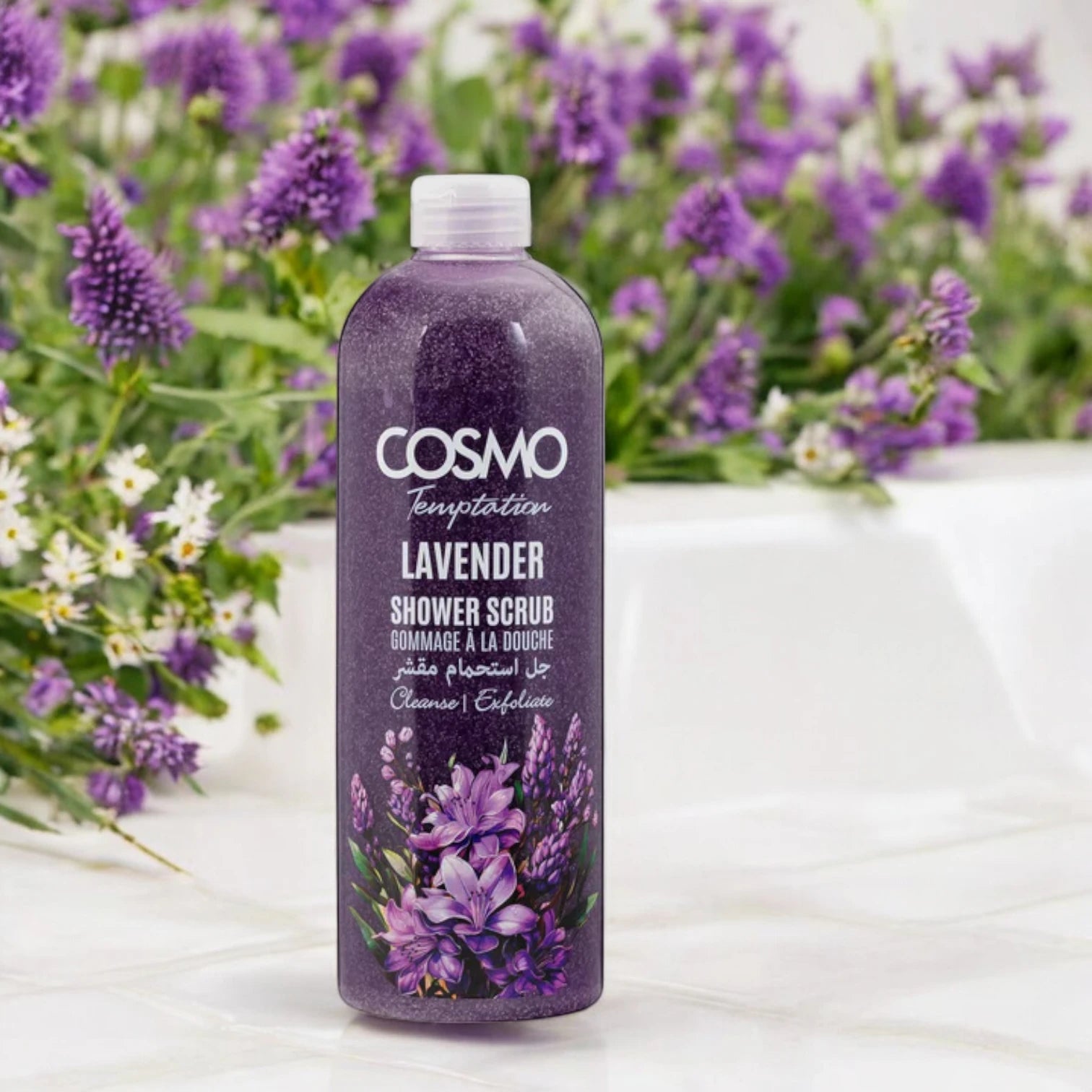 COSMO Temptation Lavender Shower Scrub 1000ml – Exfoliating Body Wash with Natural Pumice & Lavender Extract for Smooth, Glowing Skin - Damoo