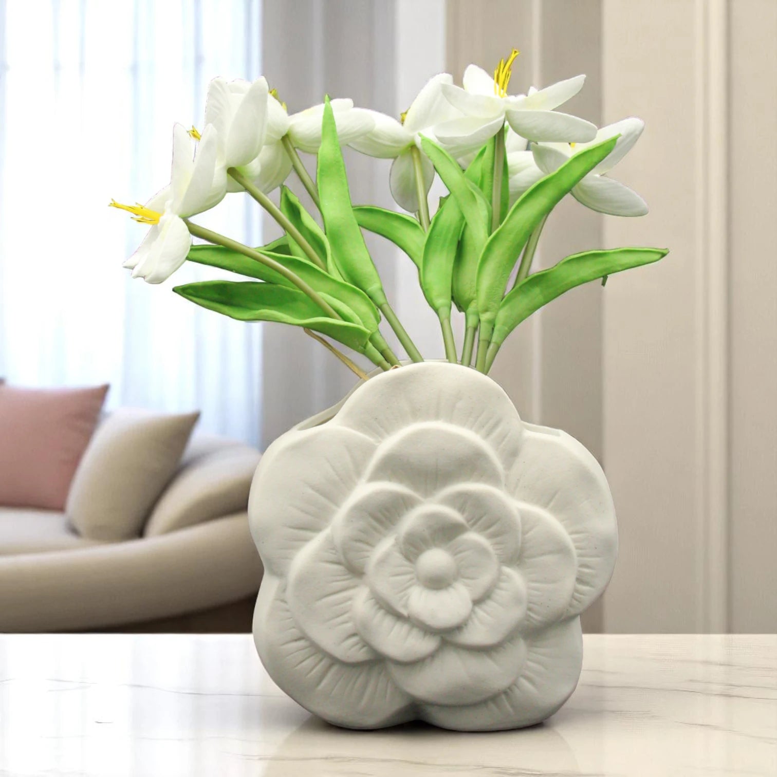 Cream-Colored Flower Shaped Ceramic Vase – Elegant Decorative Centerpiece for Living Room, Shelf, or Table - Damoo
