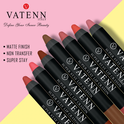 Vatenn Italy Super Stay Lip Crayon – Shade 407 SAINT, Pack of 2 | 18Hr Long-Lasting Matte Lip Color, Waterproof, Smudge-Proof, Enriched with Vitamin E - Damoo