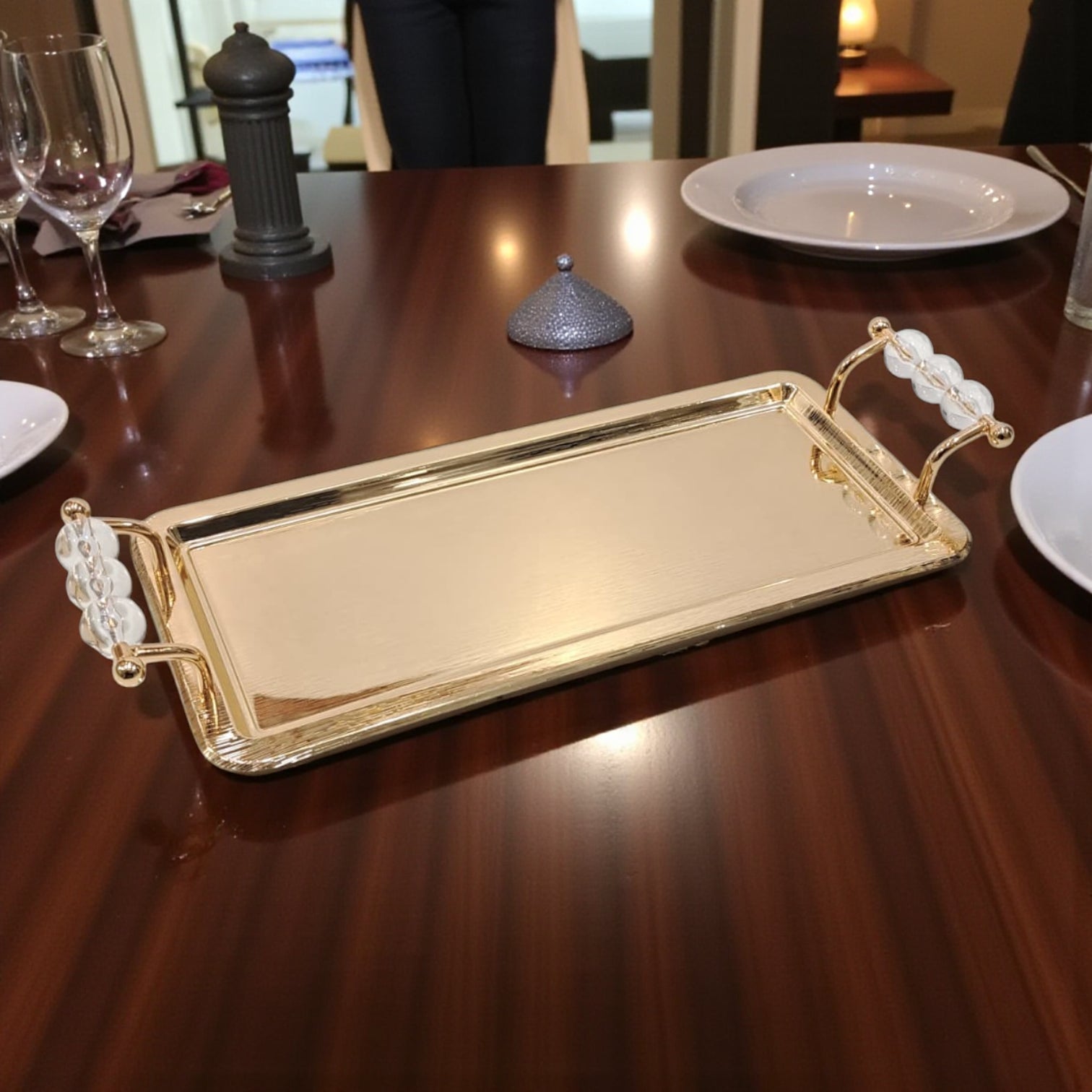 Luxury Rectangular Gold Serving Tray with Acrylic Handles – Elegant Stainless Steel Decorative & Functional Tray for Home, Hotel, or Events - Damoo