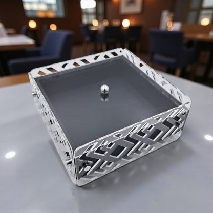 Rectangular Decorative Acrylic Box with Silver Geometric Design & Clear Lid – Elegant Storage or Tissue Case (H11cm x W18cm x L32cm | Cap 27cm)