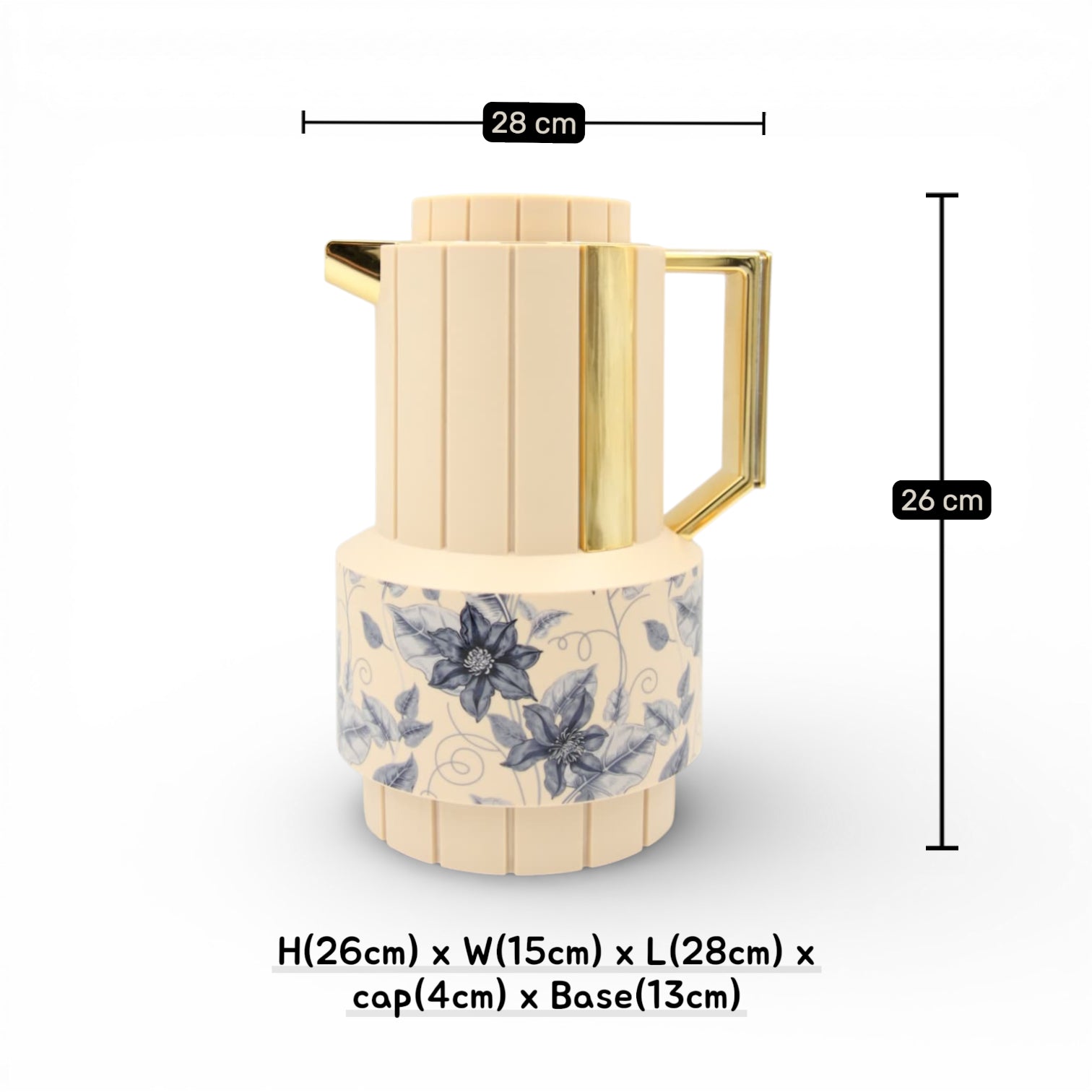 Parati Luxury Vacuum Insulated Coffee & Tea Flask with Gold Handle – Stainless Steel Thermal Beverage Server with Floral Design, Hot & Cold Drink Thermos (26H x 28L × 15W CM, Base 13 CM) - Damoo