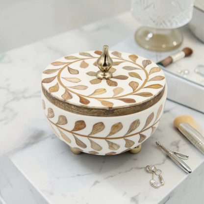 Round Squat Decorative Storage Box with Whitewash Carving – Handmade Wooden Box with Lid & Metal Feet – Elegant Home Décor Organizer (12H x 13L x 13W CM)