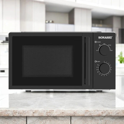SONASHI 20L Manual Microwave Oven – SMO-920 Black | 700W Power, 245mm Turntable Glass Tray, 6 Power Levels, Defrost Function, 30-Min Timer, Pull Handle Door – Compact & Efficient Design for Everyday Cooking - Damoo