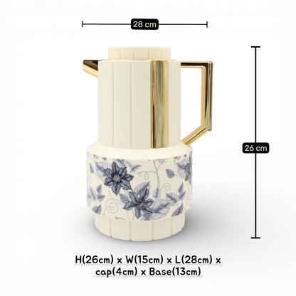 Parati Luxury Vacuum Insulated Coffee & Tea Flask with Gold Handle – Stainless Steel Thermal Beverage Server with Floral Design, Hot & Cold Drink Thermos (26H x 28L × 15W CM, Base 13 CM) - Damoo