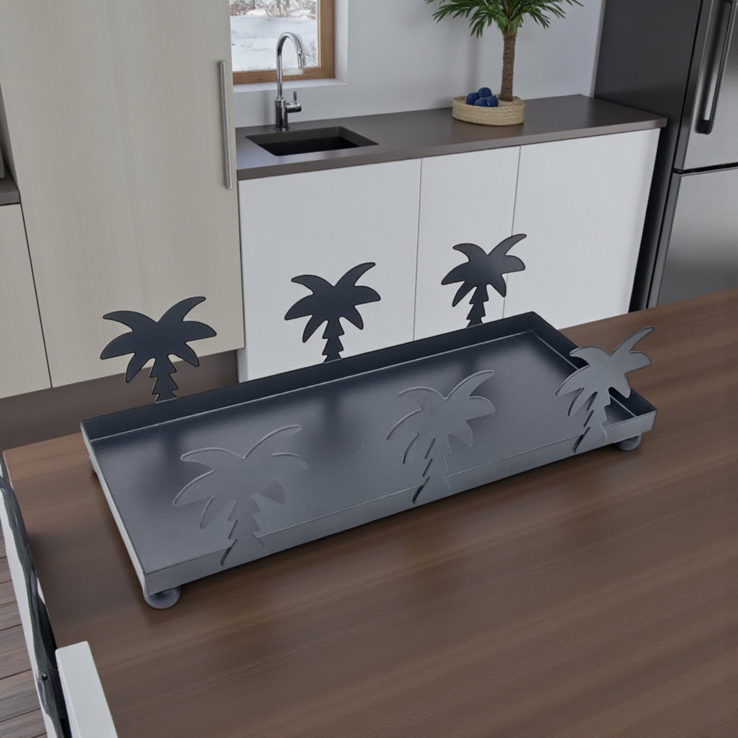 صندوق زخرفي فاخر على شكل شجرة نخيل من الأكريليك والذهب - صينية تخزين أنيقة مع غطاء وقاعدة ذهبية وتصميم نخلة (الارتفاع 16 سم × العرض 10 سم × الطول 24.5 سم)  