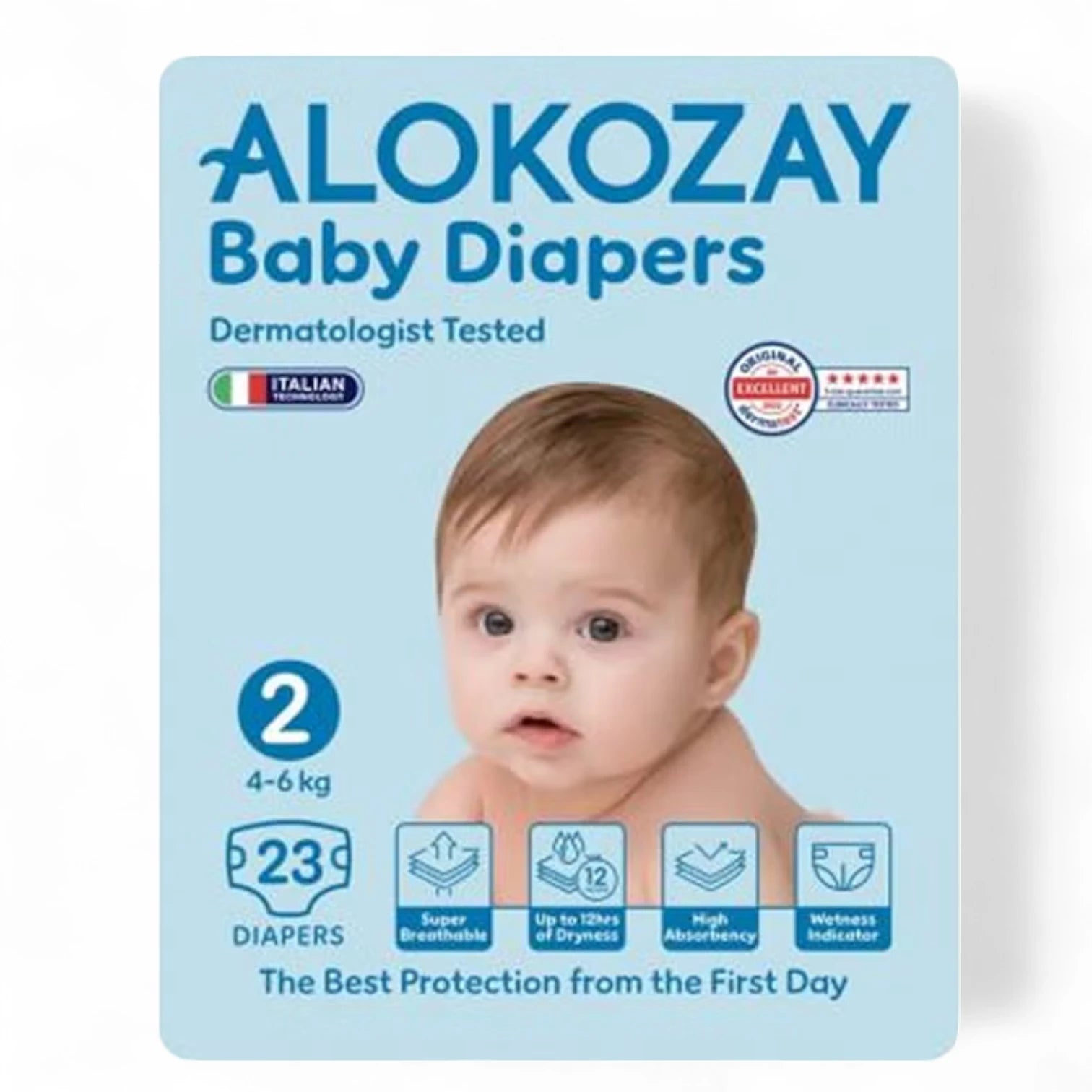 Alokozay Premium Baby Diapers - Size 2 (4–6 kg) - 23 Count | Ultra-Soft, Super Absorbent, Hypoallergenic & Breathable | Leak Protection & Wetness Indicator | Made in UAE - Damoo