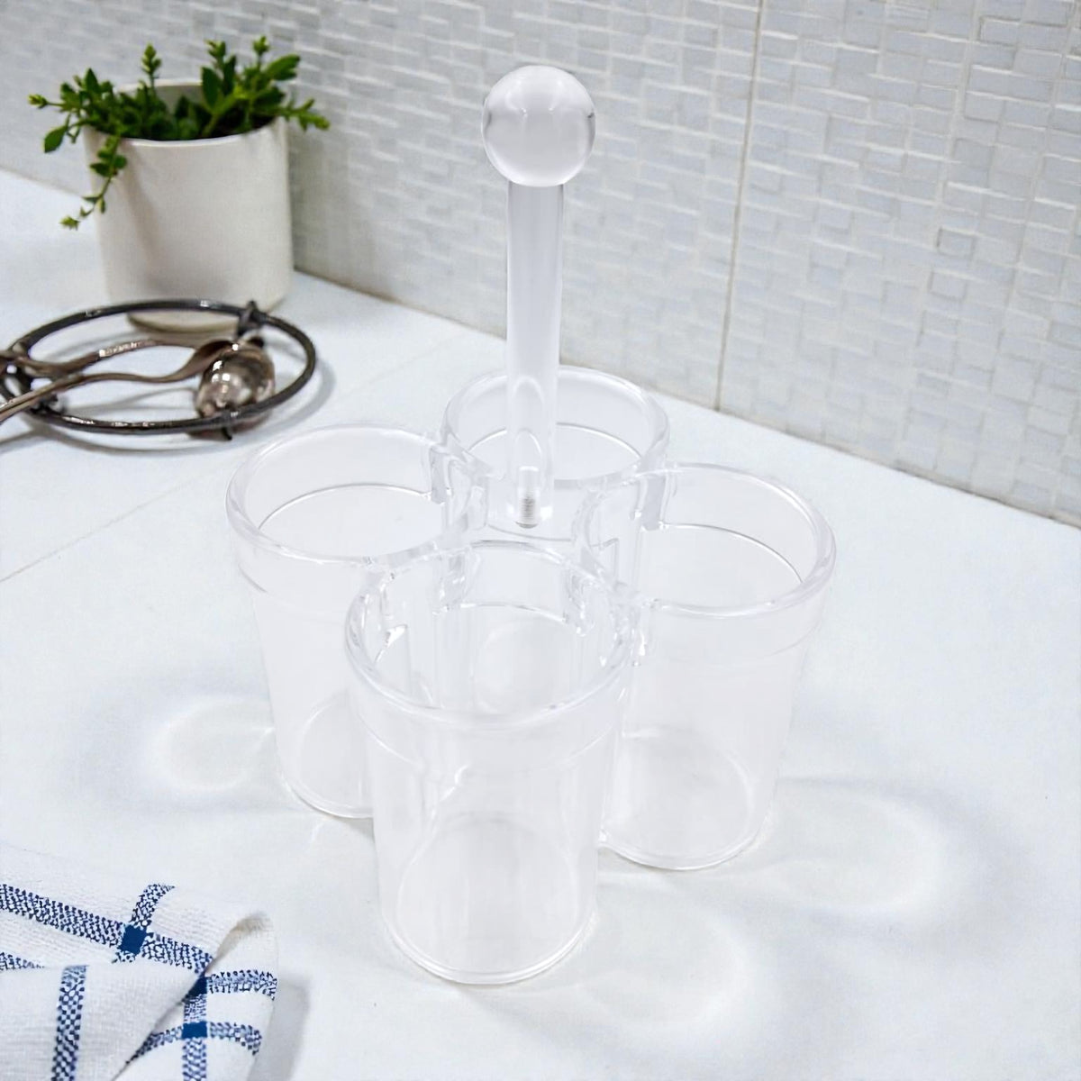 Orchid 4-Compartment Clear Acrylic Utensil Holder – Kitchen Cutlery Organizer with Handle for Countertop & Dining Table (26H x 16L × 16W CM) - Damoo