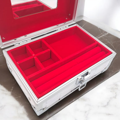 Premium Aluminum Jewelry Storage Box with Mirror & Removable Velvet Organizer – Compact Makeup & Accessories Case (H14cm x W13cm x L18cm) - Damoo