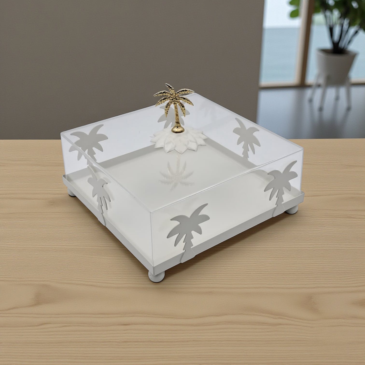 صينية تقديم أكريليك مربعة الشكل بتصميم شجرة نخيل بيضاء مع غطاء مقبب - طبق أنيق شفاف لعرض الحلويات | صينية حلوى وكعك فاخرة بمقبض ذهبي