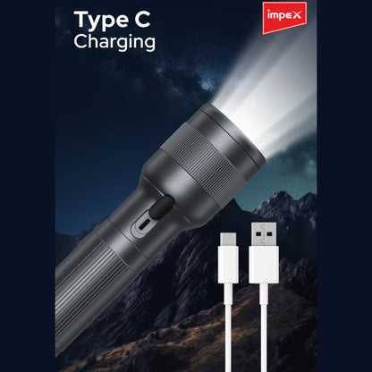 Impex Hunter H1 Rechargeable LED Flashlight | 5050 White Laser LED | 2000mAh Li-ion Battery | 4 Light Modes | 500m Beam | Type-C Fast Charging | Waterproof Aluminum Body